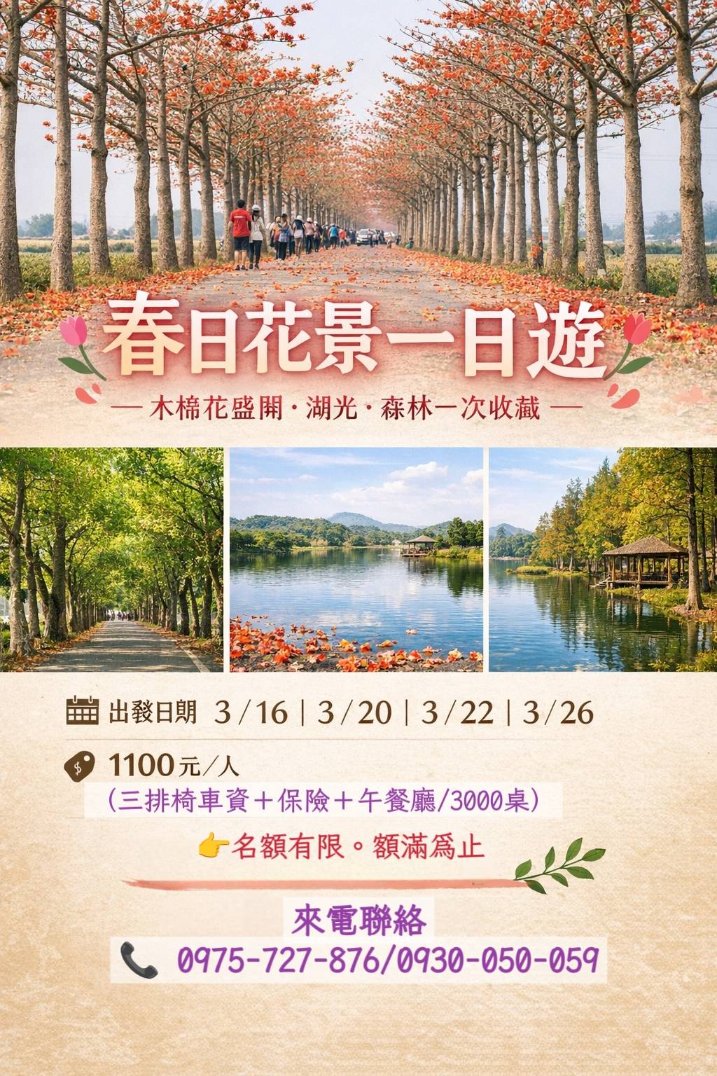 A：【三排椅】林初埤-木棉花道（木棉花一列列如烽火燭天、木棉樹下有著許多墜落的火紅仙子）。玉豐綠色隧 道。上茄苳埤(人間美景、湖面遼闊、景色美麗)。雅聞湖濱療癒森林。車資＋保險＋午餐廳3000元/桌＝1100元