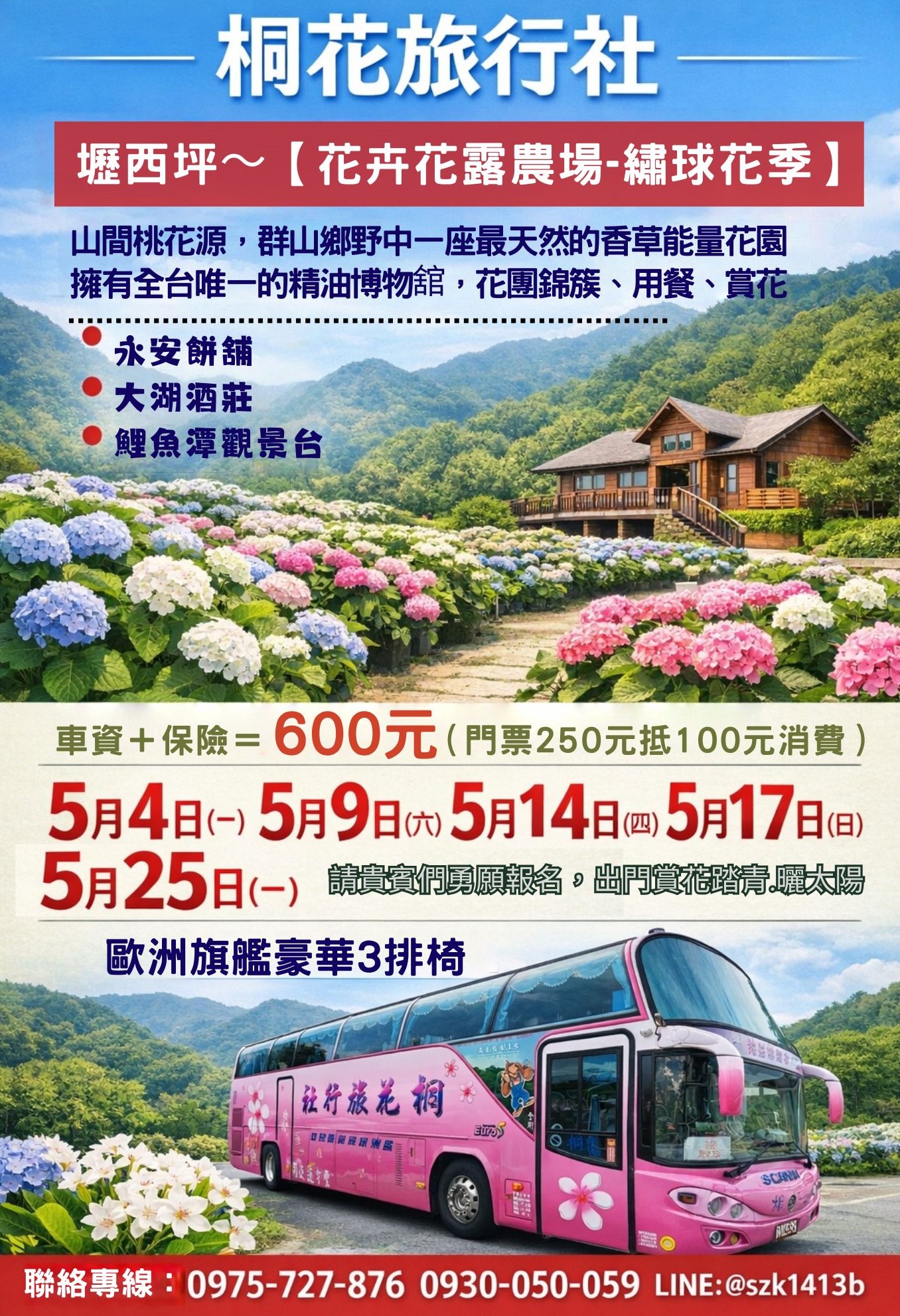 B：【三排椅】壢西坪〜【花卉花露農場-繡球花季】（山間桃花源，群山鄉野中一座最天然的香草能量花園.擁有全台唯一的精油博物舘， 花團錦簇、用餐、賞花）。永安餅舖。大湖酒莊。鯉魚潭觀景台。車資＋保險＝600元（門票250元抵100元消費）