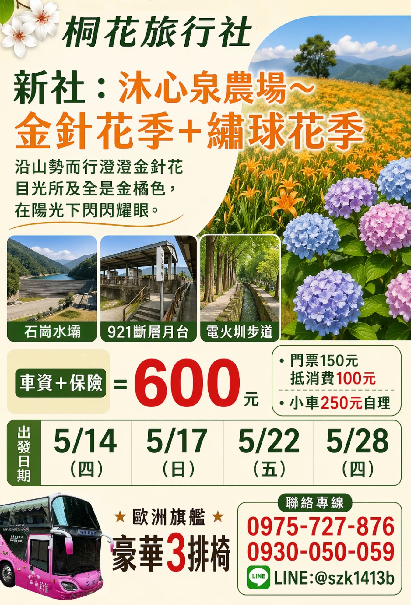 A：【三排椅】新社：沐心泉農場～金針花季+繡球花季（沿山勢而行黃澄澄金針花目光所及全是金橘色，在陽光下閃閃耀眼）。石崗水 壩。921斷層月台。電火圳步道。車資＋保險＝600元（門票150元抵消費100元、小車250元自理）